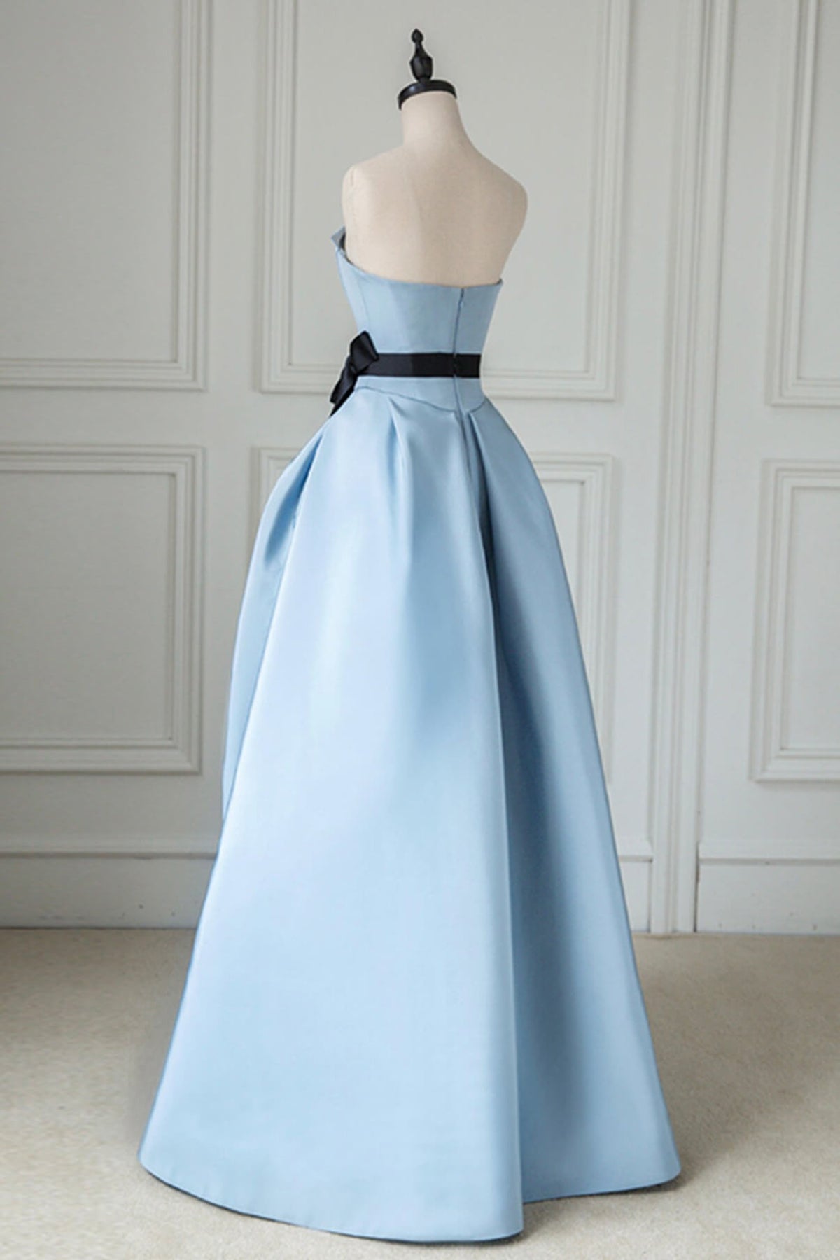 Blue Satin Long Prom Dress High Slit Wedding Party Gown