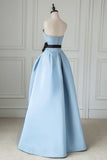 Blue Satin Long Prom Dress High Slit Wedding Party Gown