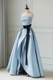 Blue Satin Long Prom Dress High Slit Wedding Party Gown