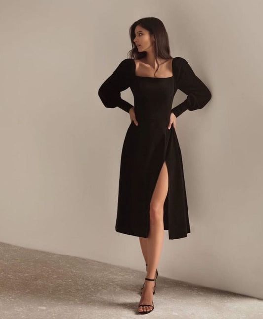 Classy Elegant Black Dress Long Sleeve Formal Party Gown