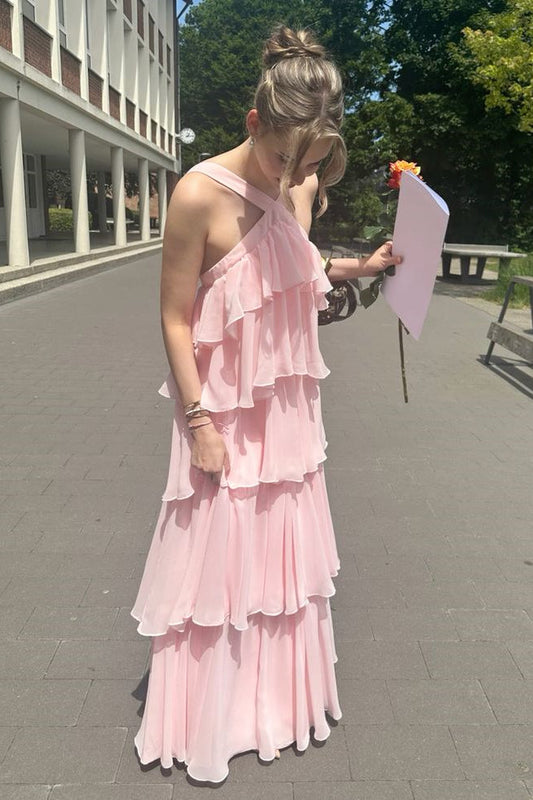 Pink Chiffon Evening Dresses Elegant Open Back Maxi Dress