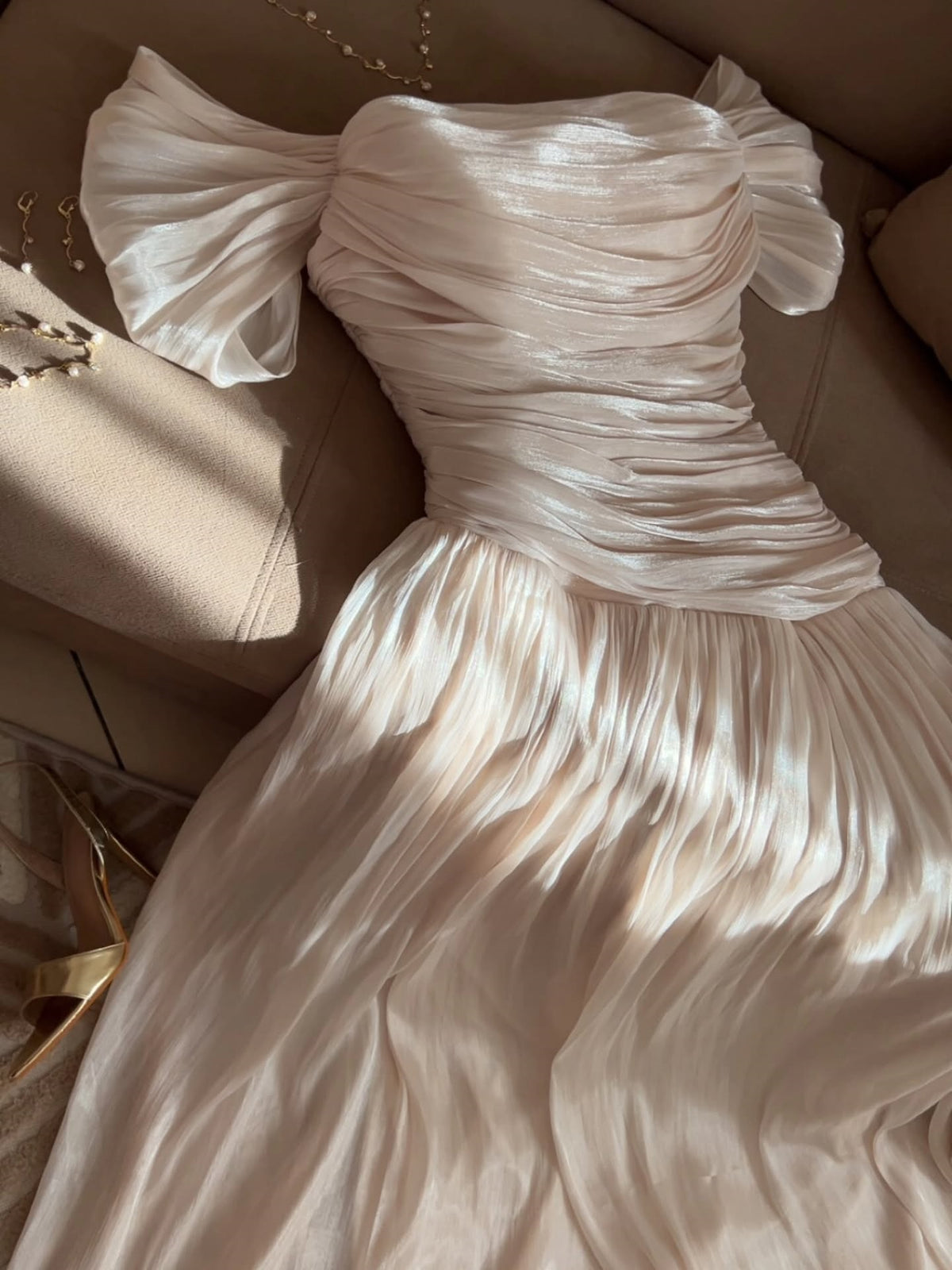 Off-the-shoulder Pleated Long dress A Line