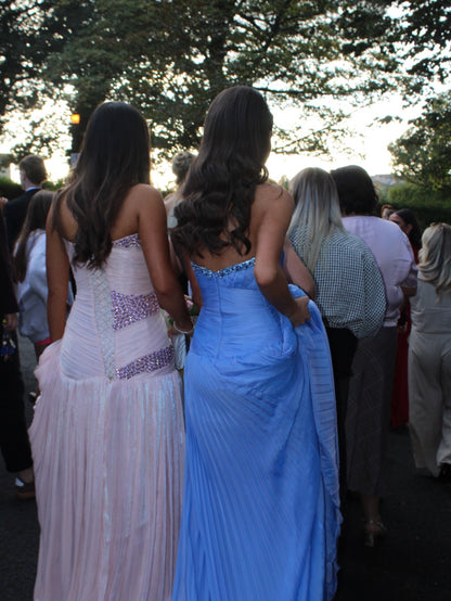 Blue Strapless Evening Gown Shimmering Beaded Neckline