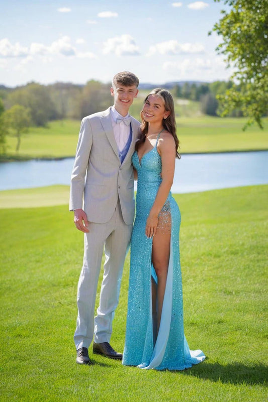 Stunning Spaghetti Straps V-Neck Sequined High Slit Long Prom Dresses