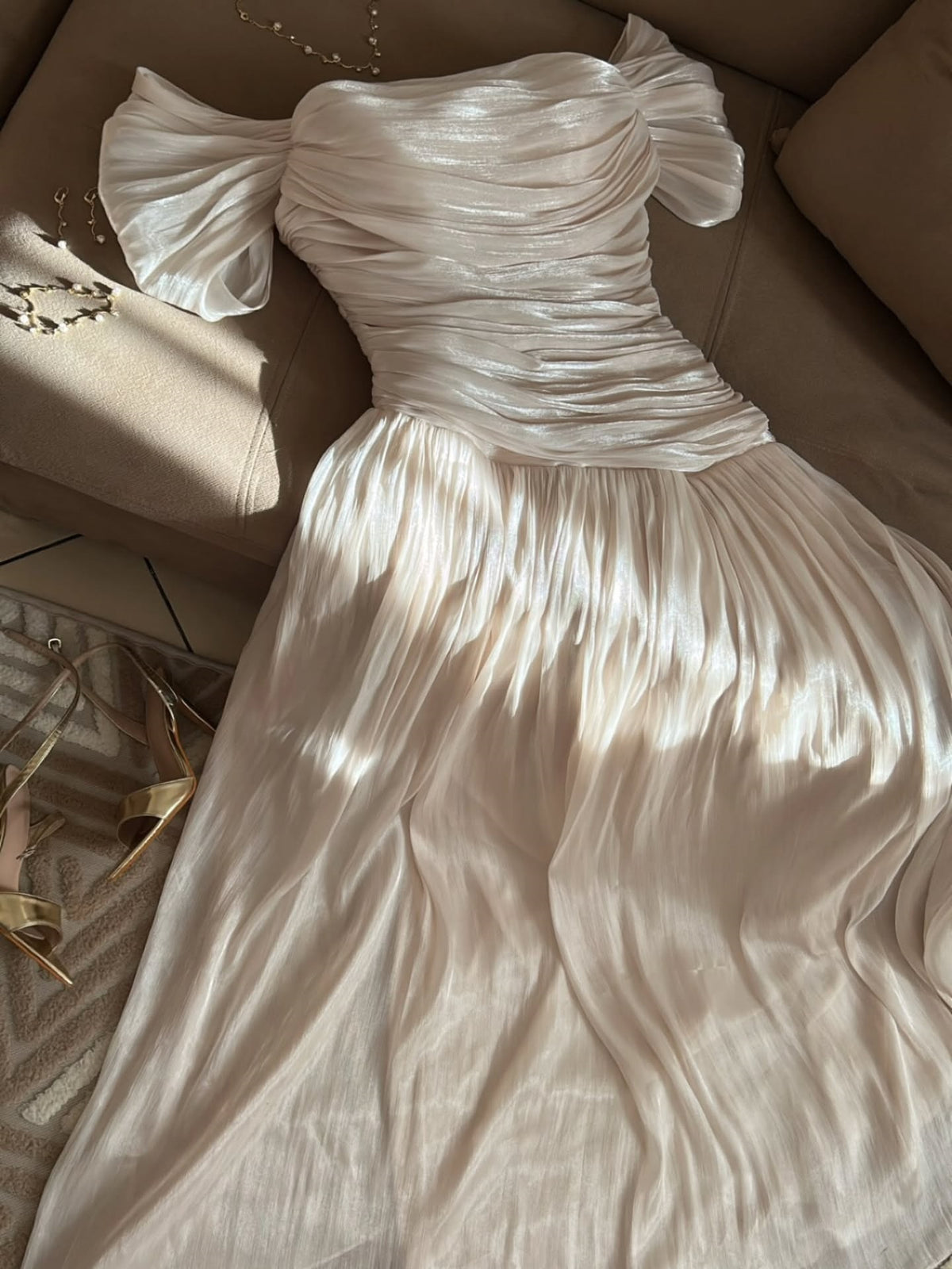 Off-the-shoulder Pleated Long dress A Line
