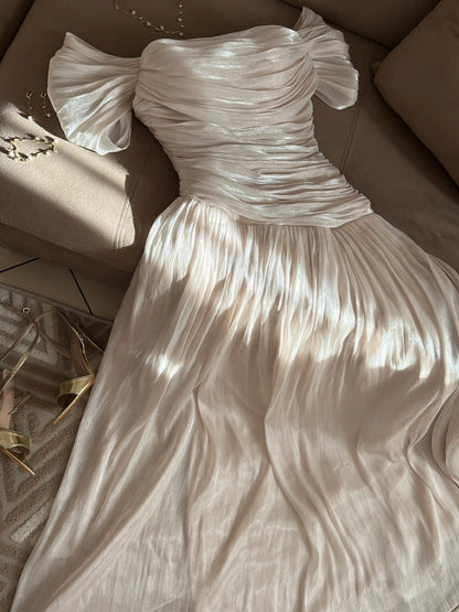 Off-the-shoulder Pleated Long dress A Line