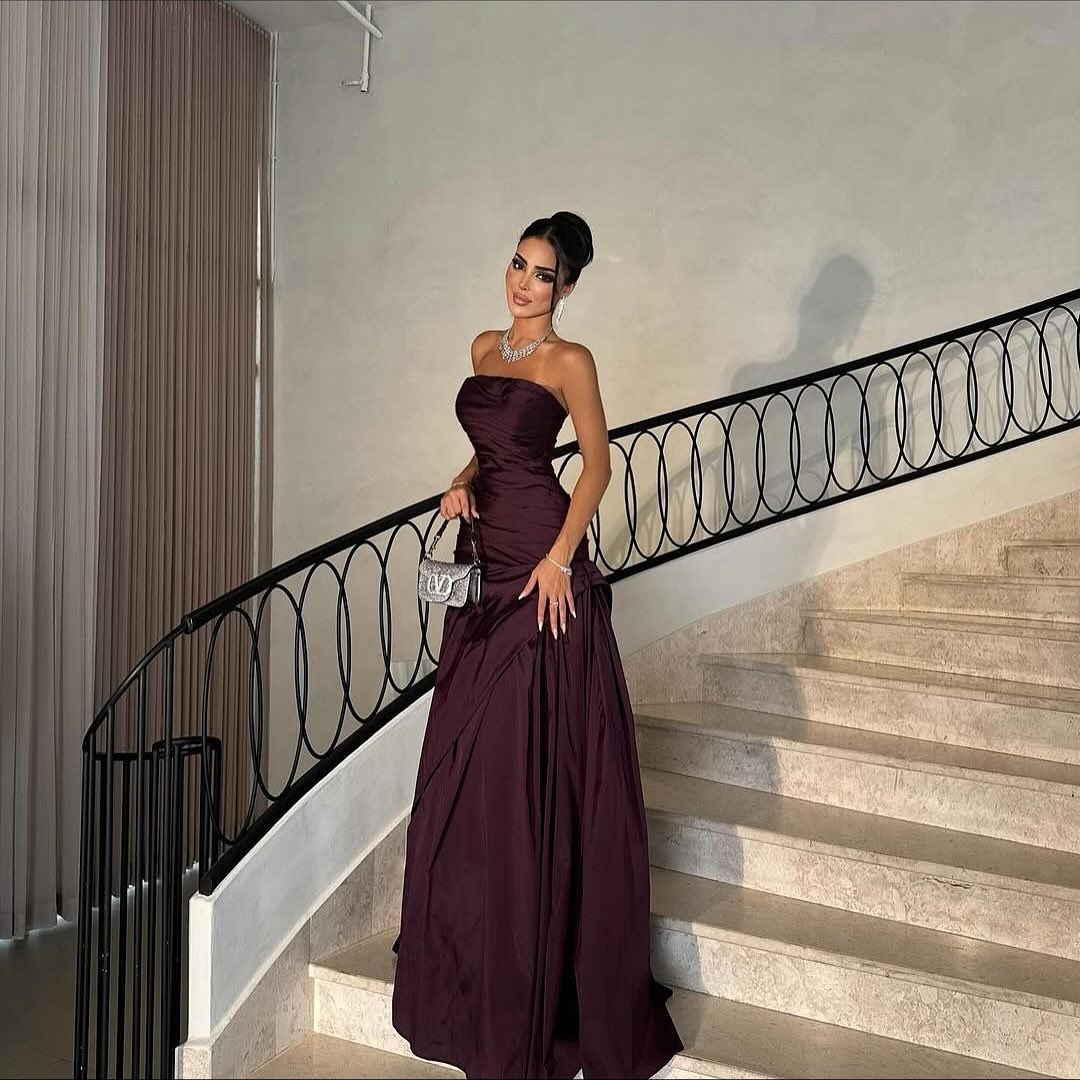 Dark Purple Strapless Gown Ruched Bodice Floor Length