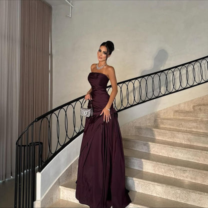 Dark Purple Strapless Gown Ruched Bodice Floor Length