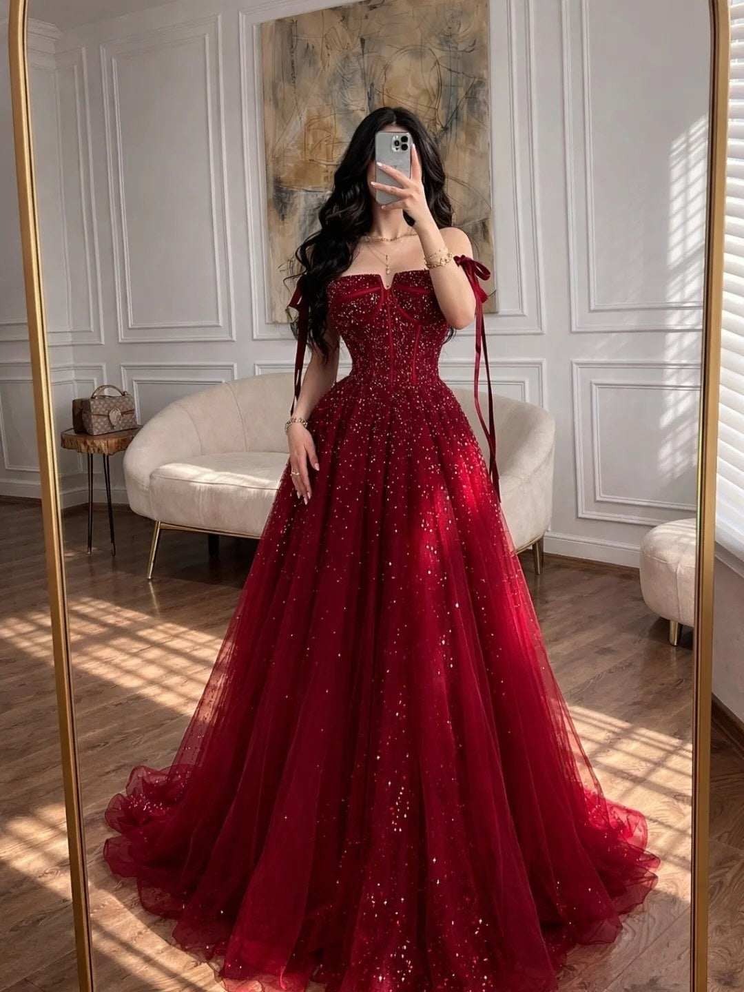 Sparkly Dark Red Prom Dress Long Classy A Line Birthday Gown