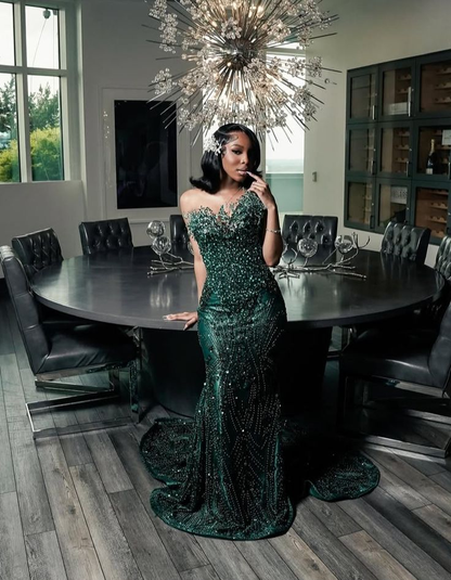Sparkly One Shoulder Satin Evening Dress Emerald Green Mermaid Prom Dresses