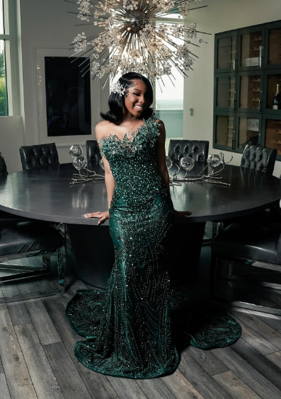 Sparkly One Shoulder Satin Evening Dress Emerald Green Mermaid Prom Dresses