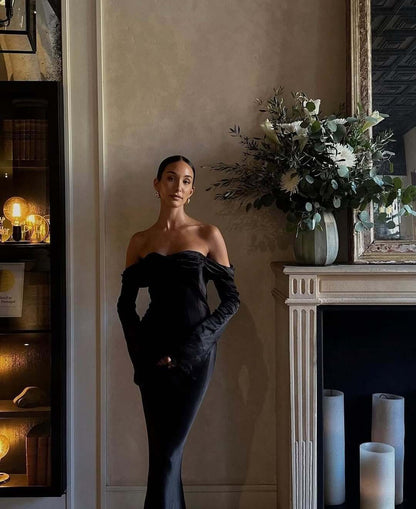 Black Long Sleeves Prom Dresses Strapless Mermaid Formal Evening Outfit