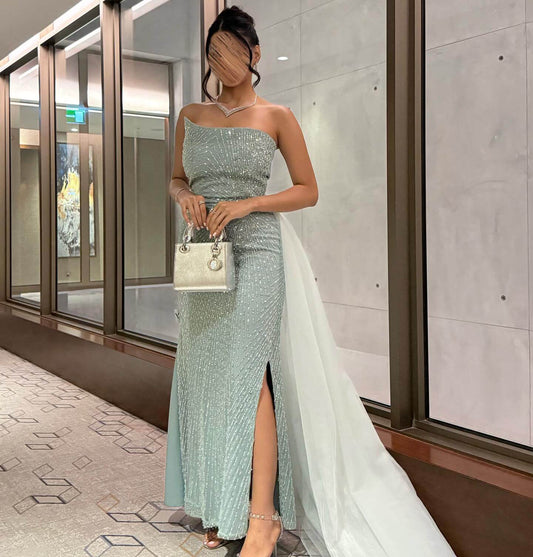 Best Strapless Prom Dress with Slit Long Green Wedding Guest Gown