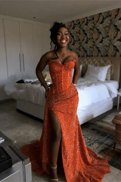 Elegant Orange Mermaid Long Prom Dresses with Slit Evening Party Dress