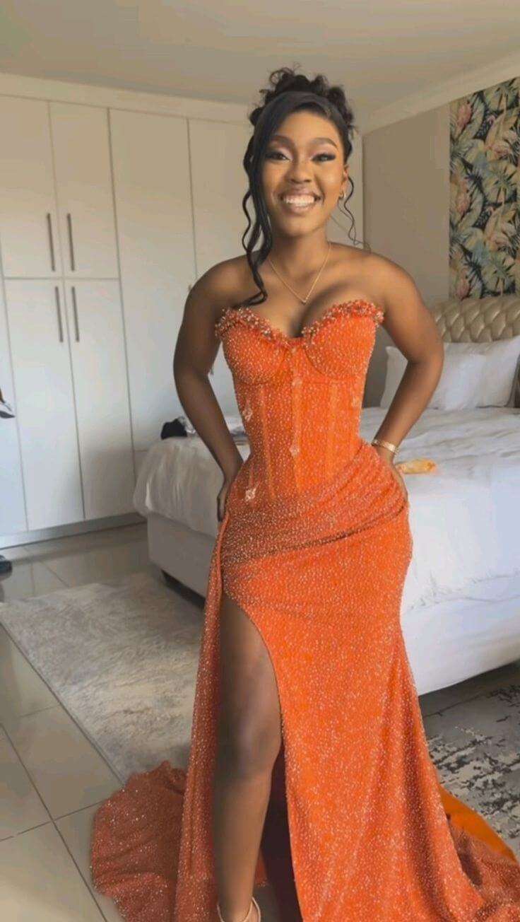 Elegant Orange Mermaid Long Prom Dresses with Slit Evening Party Dress