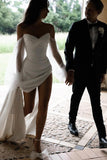 Glamorous Off-Shoulder Pleats V-Neck High Split Wedding Dress