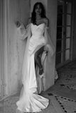 Glamorous Off-Shoulder Pleats V-Neck High Split Wedding Dress