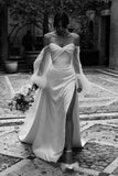 Glamorous Off-Shoulder Pleats V-Neck High Split Wedding Dress