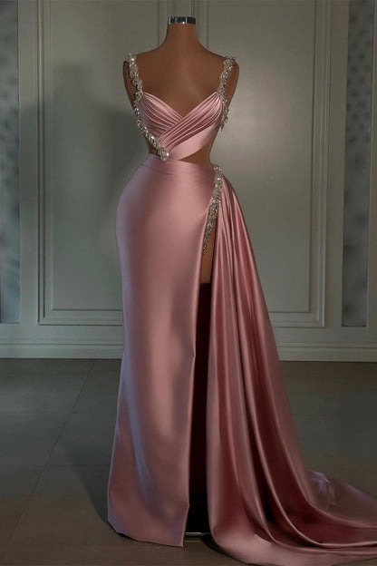 Pink Satin Mermaid Prom Dress High Side Slit