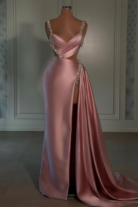 Pink Satin Mermaid Prom Dress High Side Slit