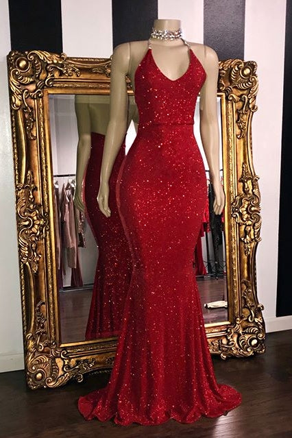 Glitter Mermaid V-neck Halter Floor Length Prom Dress
