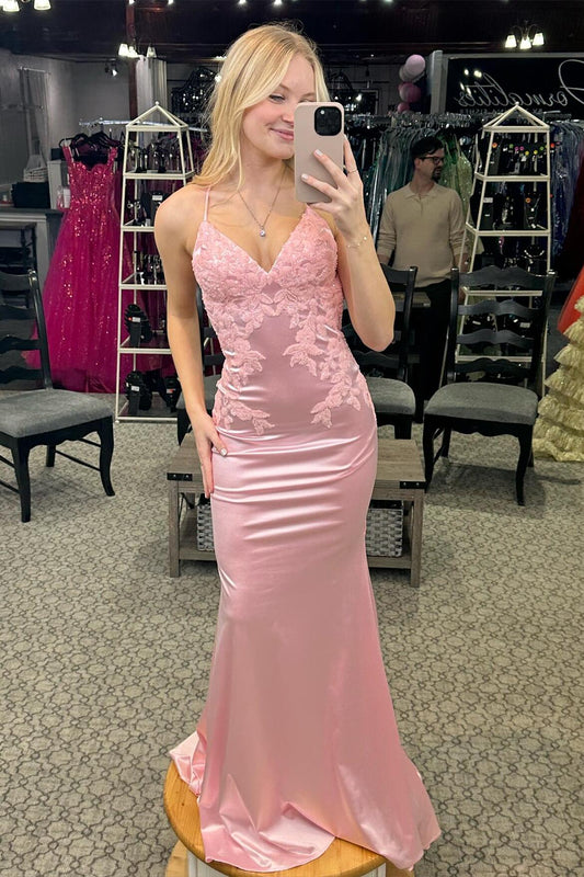 Unique Straps Pink Appliques Mermaid Formal Dress