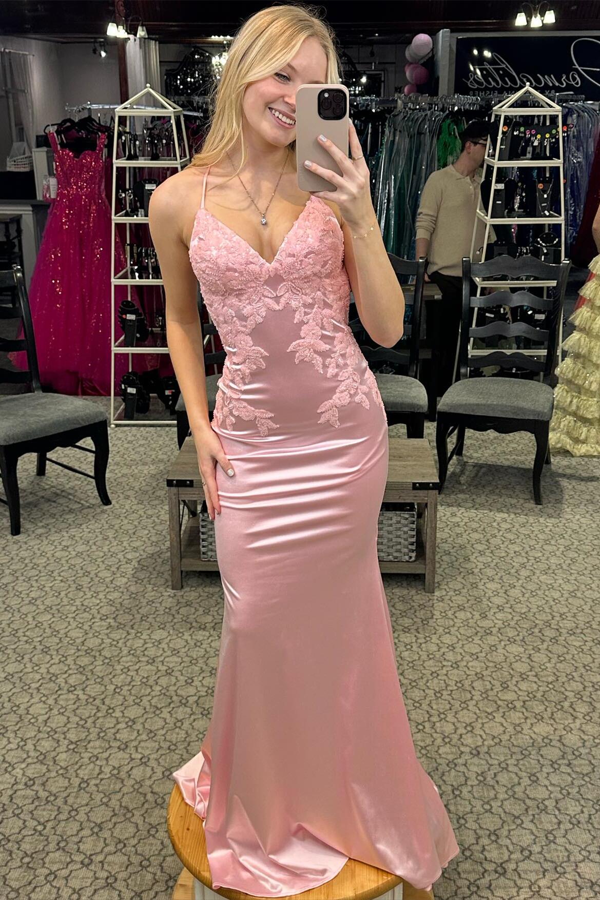 Unique Straps Pink Appliques Mermaid Formal Dress