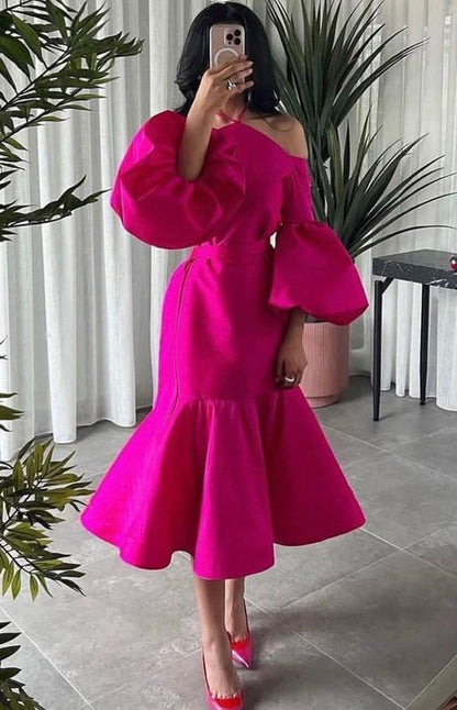 Hot Pink Prom Puff Sleeve Midi Party Dresses Wed Dress Formal Gown  jkprom