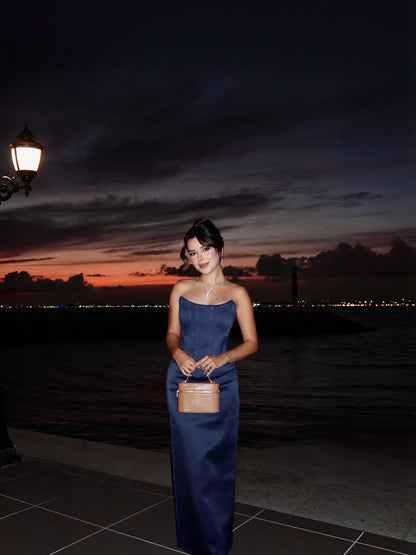 Navy Blue Midi Satin Evening Dress Strapless Wedding Party Dresses