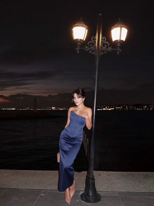 Navy Blue Midi Satin Evening Dress Strapless Wedding Party Dresses