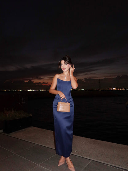 Navy Blue Midi Satin Evening Dress Strapless Wedding Party Dresses