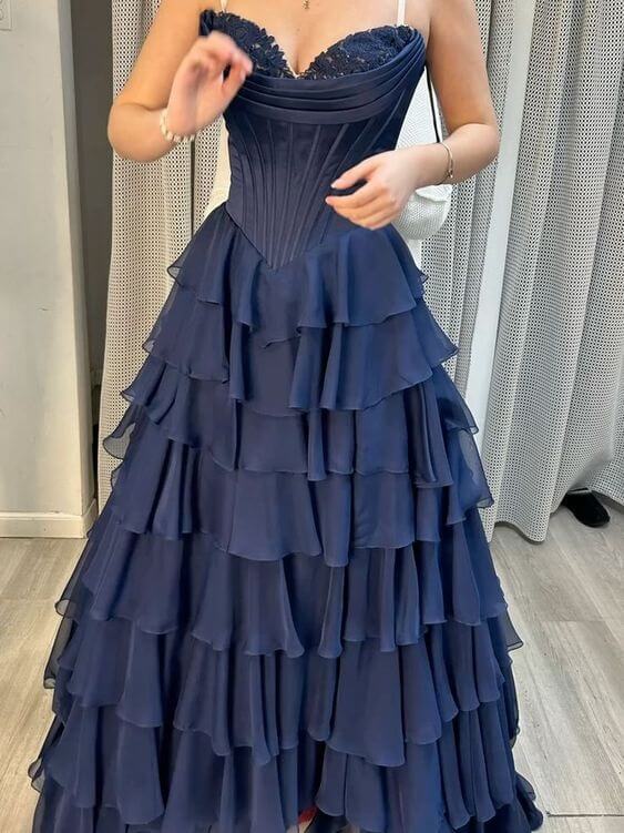 Classy Ball Gown Prom Dresses Ruffle Long Layered Birthday Outfit Graduation Dress