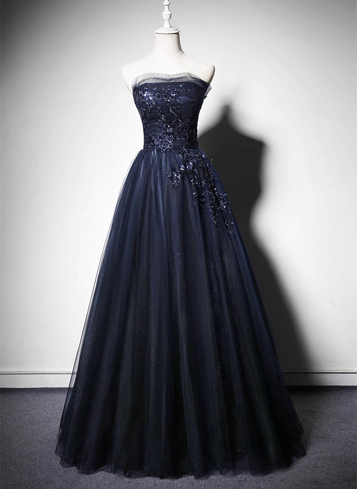 Navy Blue A-Line Tulle Prom Dress Long Corset Wedding Guest Outfit