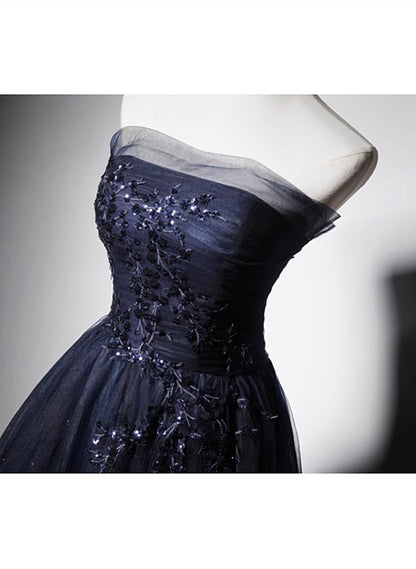 Navy Blue A-Line Tulle Prom Dress Long Corset Wedding Guest Outfit