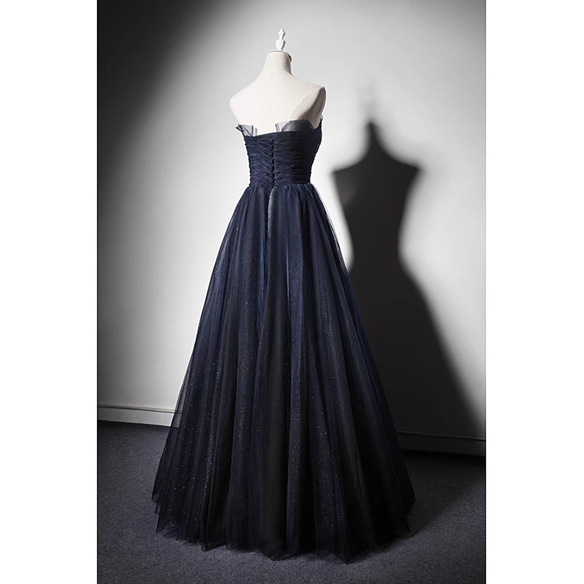 Navy Blue A-Line Tulle Prom Dress Long Corset Wedding Guest Outfit