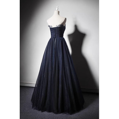Navy Blue A-Line Tulle Prom Dress Long Corset Wedding Guest Outfit
