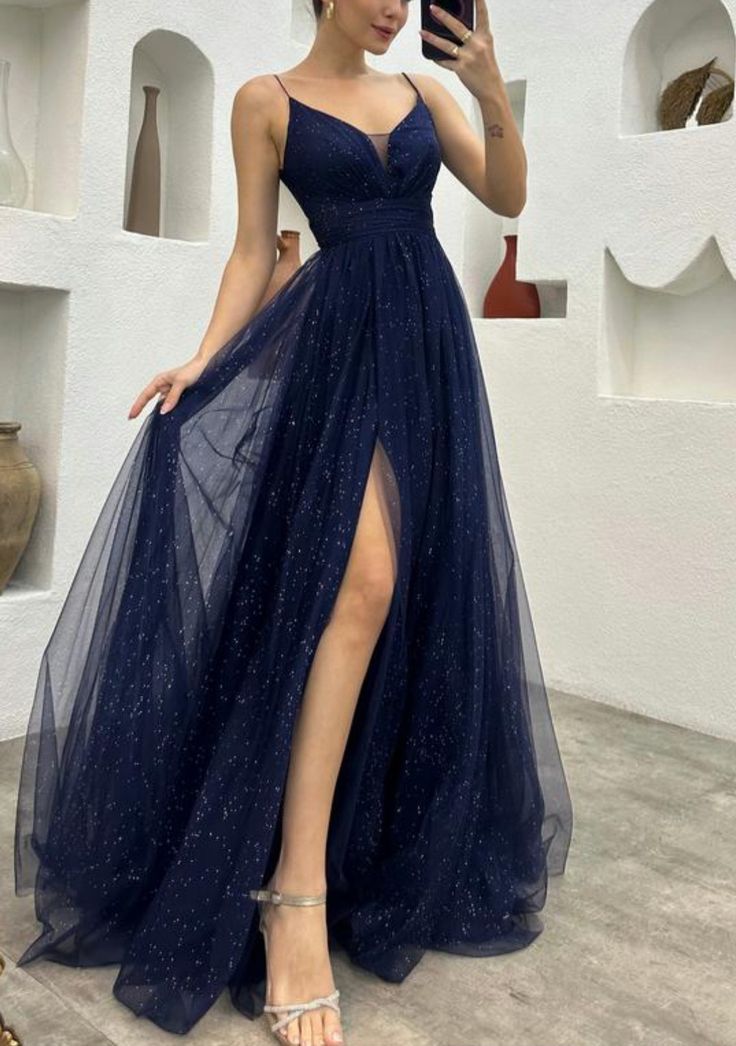 Navy Blue Dress Elegant Formal Long A Line Tulle Prom Outfit