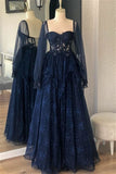 Fairy Long Sleeve Lace Prom Dress Navy Blue Wedding Party Gown