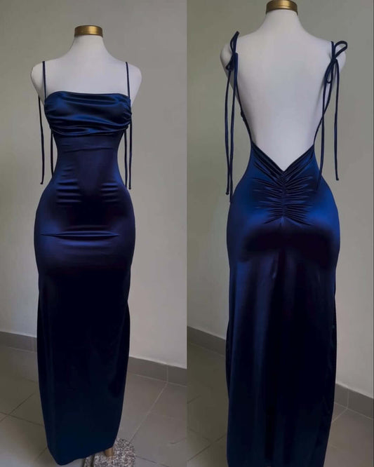 Sheath Navy Blue Satin Prom Dress Spaghetti Straps Backless Special Occasion Dresses