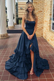 Strapless A Line Lace-Up Ruffled Tiered Prom Dress with Slit
