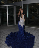 Long Fitted Prom Dress, Navy Blue Sequins Mermaid African Formal Party Gown