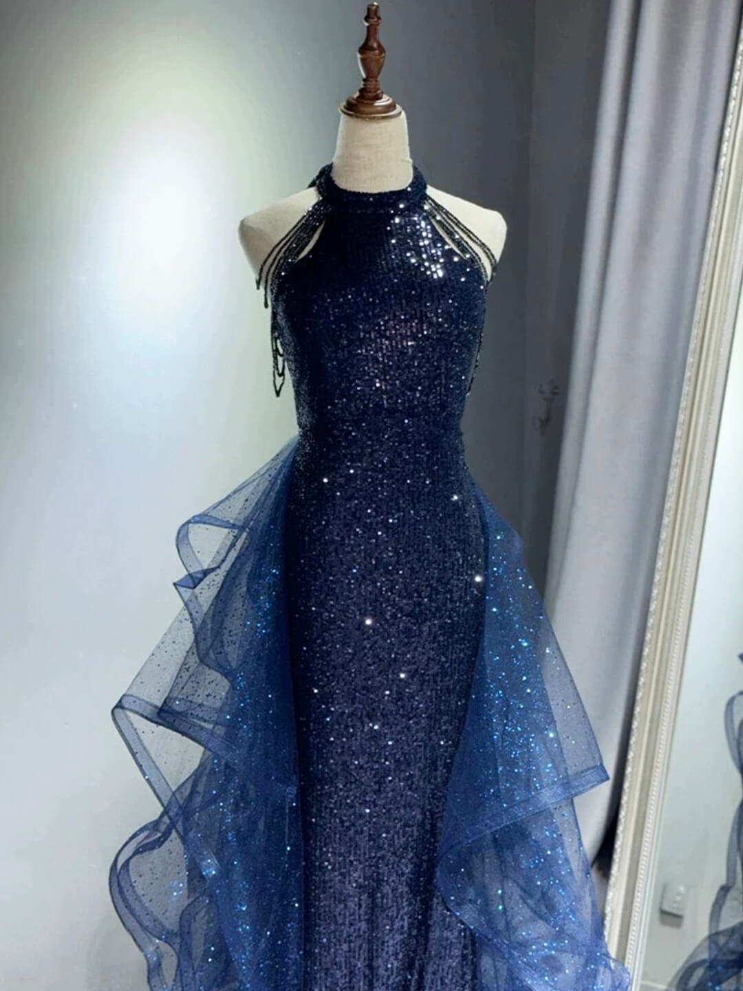 Best Sequin Evening Gowns Formal Weddings Navy Blue Prom Dresses