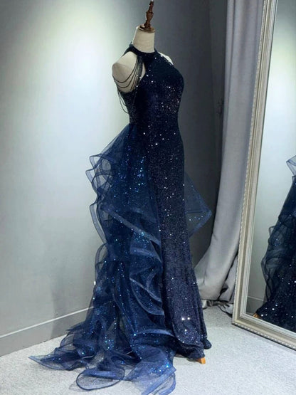 Best Sequin Evening Gowns Formal Weddings Navy Blue Prom Dresses