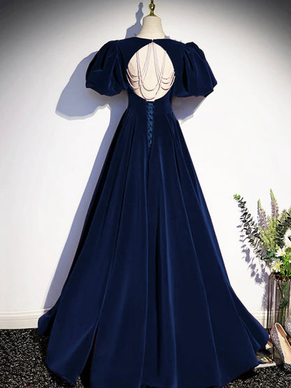 Best Navy Blue Velvet Prom Gown Short Sleeves Birthday Party Dresses