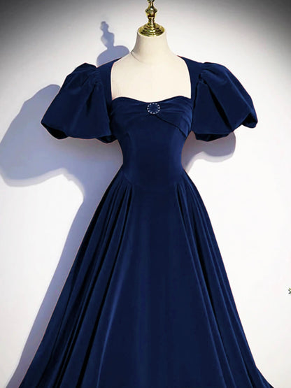 Best Navy Blue Velvet Prom Gown Short Sleeves Birthday Party Dresses