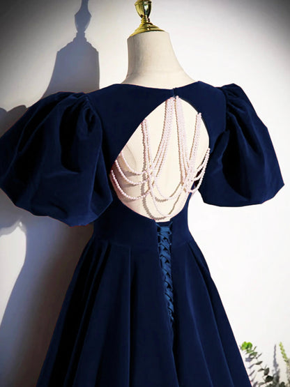 Best Navy Blue Velvet Prom Gown Short Sleeves Birthday Party Dresses