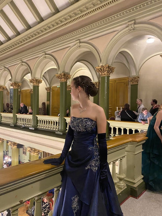 Strapless Navy Blue Dance Dresses Long A Line Formal Outfit with Gloves