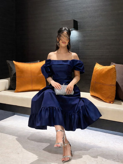 Navy Blue Midi Prom Dress Strapless Satin Formal Occasion Dresses