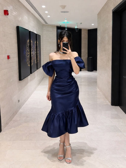 Navy Blue Midi Prom Dress Strapless Satin Formal Occasion Dresses
