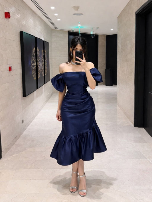 Navy Blue Midi Prom Dress Strapless Satin Formal Occasion Dresses